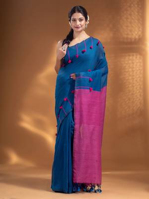 Blue Pure Cotton handwoven soft Saree with pom pom pallu 3