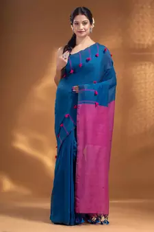 Blue Pure Cotton handwoven soft Saree with pom pom pallu