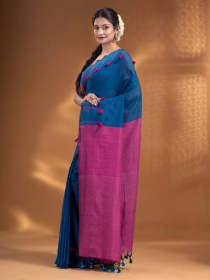 Blue Pure Cotton handwoven soft Saree with pom pom pallu 4