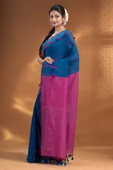 Blue Pure Cotton handwoven soft Saree with pom pom pallu