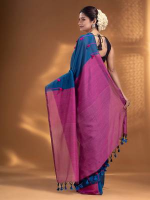 Blue Pure Cotton handwoven soft Saree with pom pom pallu 5