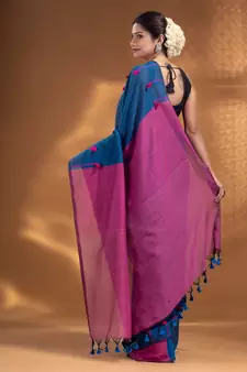Blue Pure Cotton handwoven soft Saree with pom pom pallu