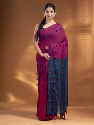 Magenta Pure Cotton handwoven soft Saree with pom pom pallu 1