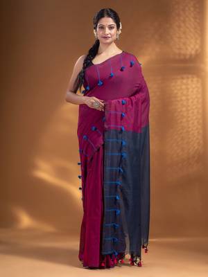 Magenta Pure Cotton handwoven soft Saree with pom pom pallu 2