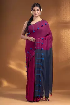 Magenta Pure Cotton handwoven soft Saree with pom pom pallu