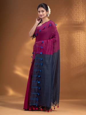 Magenta Pure Cotton handwoven soft Saree with pom pom pallu 3