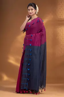 Magenta Pure Cotton handwoven soft Saree with pom pom pallu