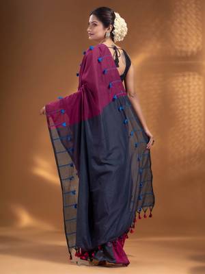 Magenta Pure Cotton handwoven soft Saree with pom pom pallu 4