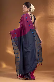 Magenta Pure Cotton handwoven soft Saree with pom pom pallu