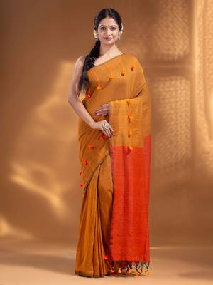 Mustard Pure Cotton handwoven soft Saree with pom pom pallu 1
