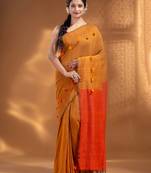 Mustard Pure Cotton handwoven soft Saree with pom pom pallu