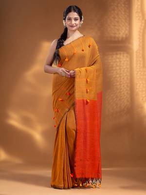 Mustard Pure Cotton handwoven soft Saree with pom pom pallu 2