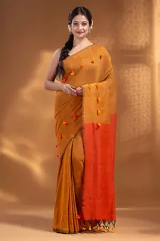 Mustard Pure Cotton handwoven soft Saree with pom pom pallu