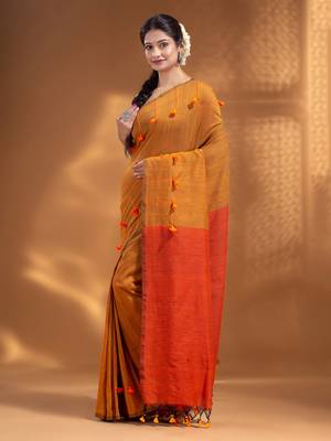 Mustard Pure Cotton handwoven soft Saree with pom pom pallu 3