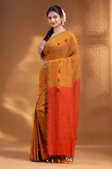 Mustard Pure Cotton handwoven soft Saree with pom pom pallu