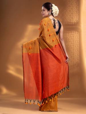 Mustard Pure Cotton handwoven soft Saree with pom pom pallu 4