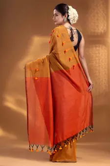 Mustard Pure Cotton handwoven soft Saree with pom pom pallu