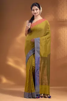 Green Pure Cotton handwoven soft Saree with zari pallu