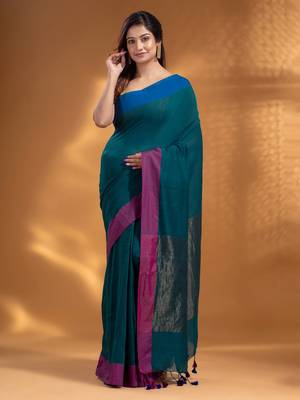 Teal Pure Cotton handwoven soft Saree with zari pallu 1