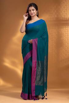Teal Pure Cotton handwoven soft Saree with zari pallu
