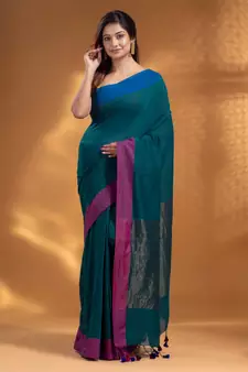 Teal Pure Cotton handwoven soft Saree with zari pallu