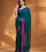 Teal Pure Cotton handwoven soft Saree with zari pallu