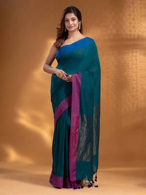 Teal Pure Cotton handwoven soft Saree with zari pallu 2