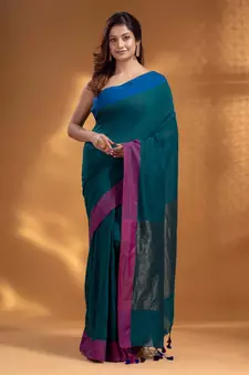 Teal Pure Cotton handwoven soft Saree with zari pallu