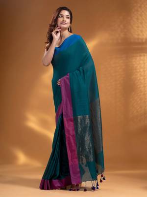 Teal Pure Cotton handwoven soft Saree with zari pallu 3