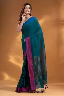 Teal Pure Cotton handwoven soft Saree with zari pallu