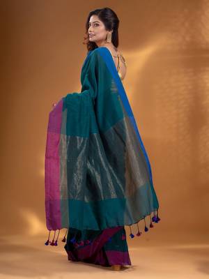 Teal Pure Cotton handwoven soft Saree with zari pallu 4