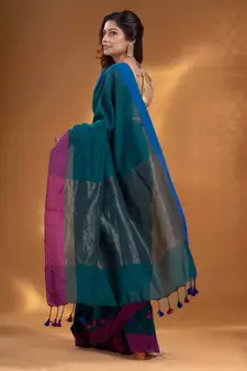 Teal Pure Cotton handwoven soft Saree with zari pallu