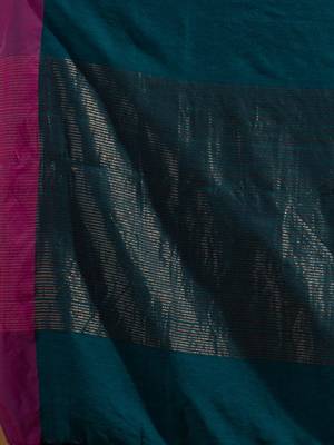 Teal Pure Cotton handwoven soft Saree with zari pallu 5
