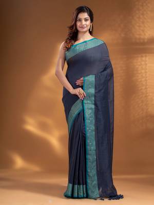 Dark Grey Pure Cotton handwoven soft Saree with zari border 1