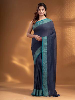 Dark Grey Pure Cotton handwoven soft Saree with zari border 2