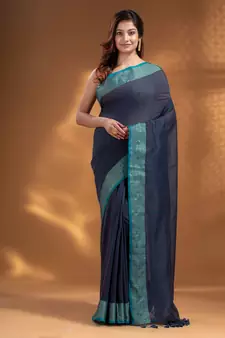 Dark Grey Pure Cotton handwoven soft Saree with zari border