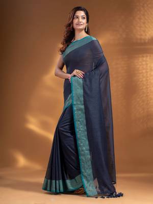 Dark Grey Pure Cotton handwoven soft Saree with zari border 3