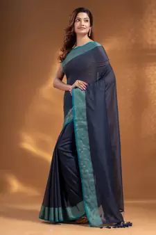 Dark Grey Pure Cotton handwoven soft Saree with zari border