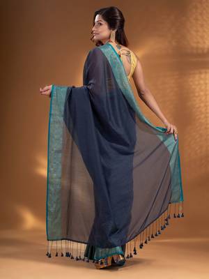 Dark Grey Pure Cotton handwoven soft Saree with zari border 4