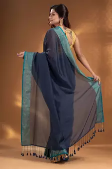Dark Grey Pure Cotton handwoven soft Saree with zari border