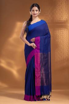 Royal Blue Pure Cotton handwoven soft Saree with zari pallu