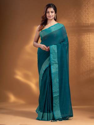 Teal Pure Cotton handwoven soft Saree with zari border 1
