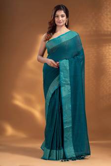Teal Pure Cotton handwoven soft Saree with zari border
