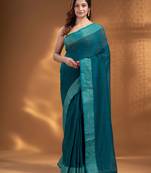 Teal Pure Cotton handwoven soft Saree with zari border