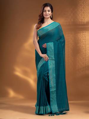 Teal Pure Cotton handwoven soft Saree with zari border 2