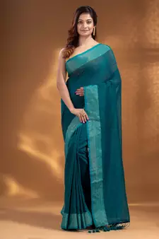 Teal Pure Cotton handwoven soft Saree with zari border