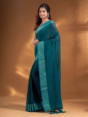 Teal Pure Cotton handwoven soft Saree with zari border 3