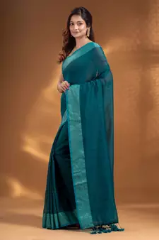 Teal Pure Cotton handwoven soft Saree with zari border