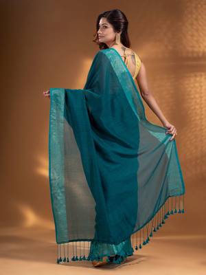Teal Pure Cotton handwoven soft Saree with zari border 4