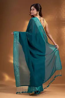 Teal Pure Cotton handwoven soft Saree with zari border